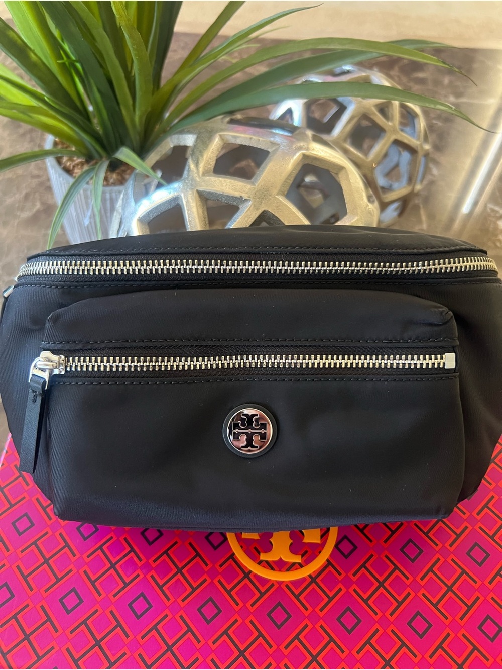 Tory Burch Black Nylon Belt Bag with Silver-Tone Logo